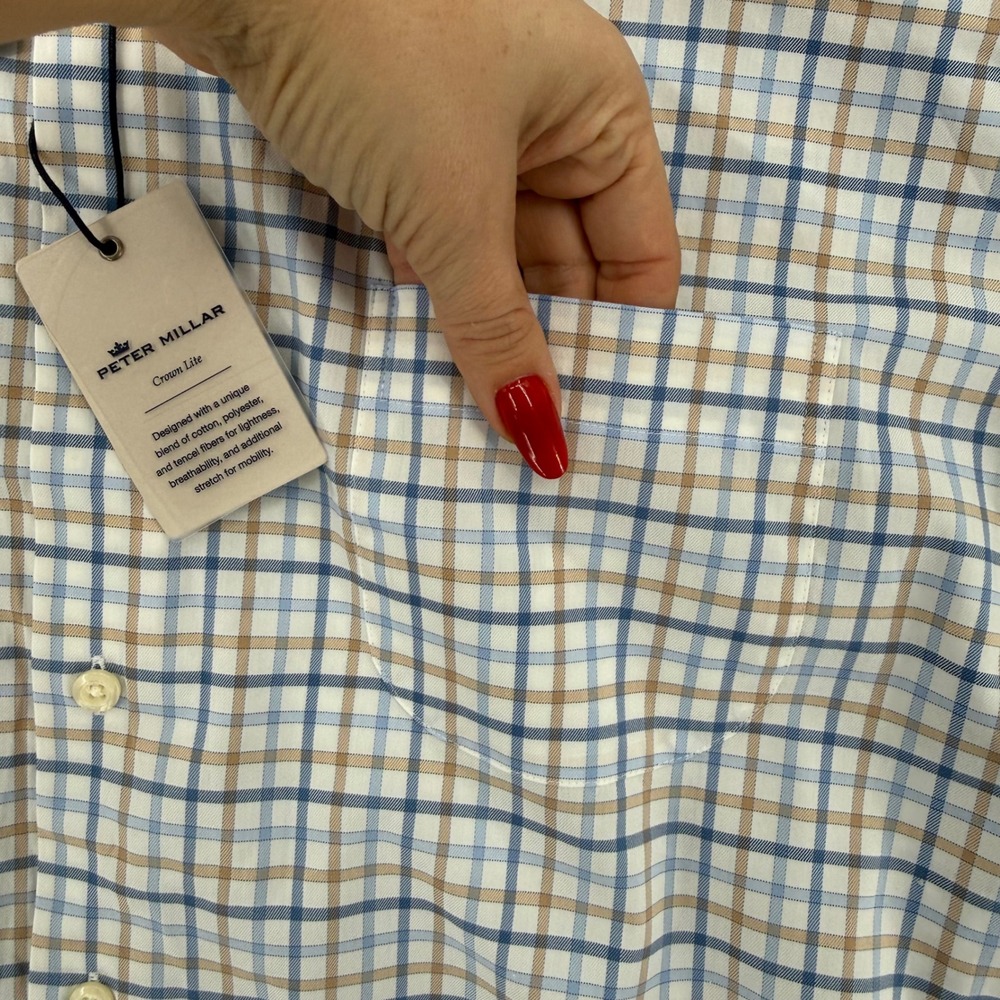 Peter Millar Crown Lite Mens Blue Tan Plaid Button Down Shirt Casual Size XL - Picture 4 of 16